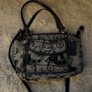 Vintage Coach Horse & Carriage Canvas Tote Black Leather Trim Y2K Shoulder Bag